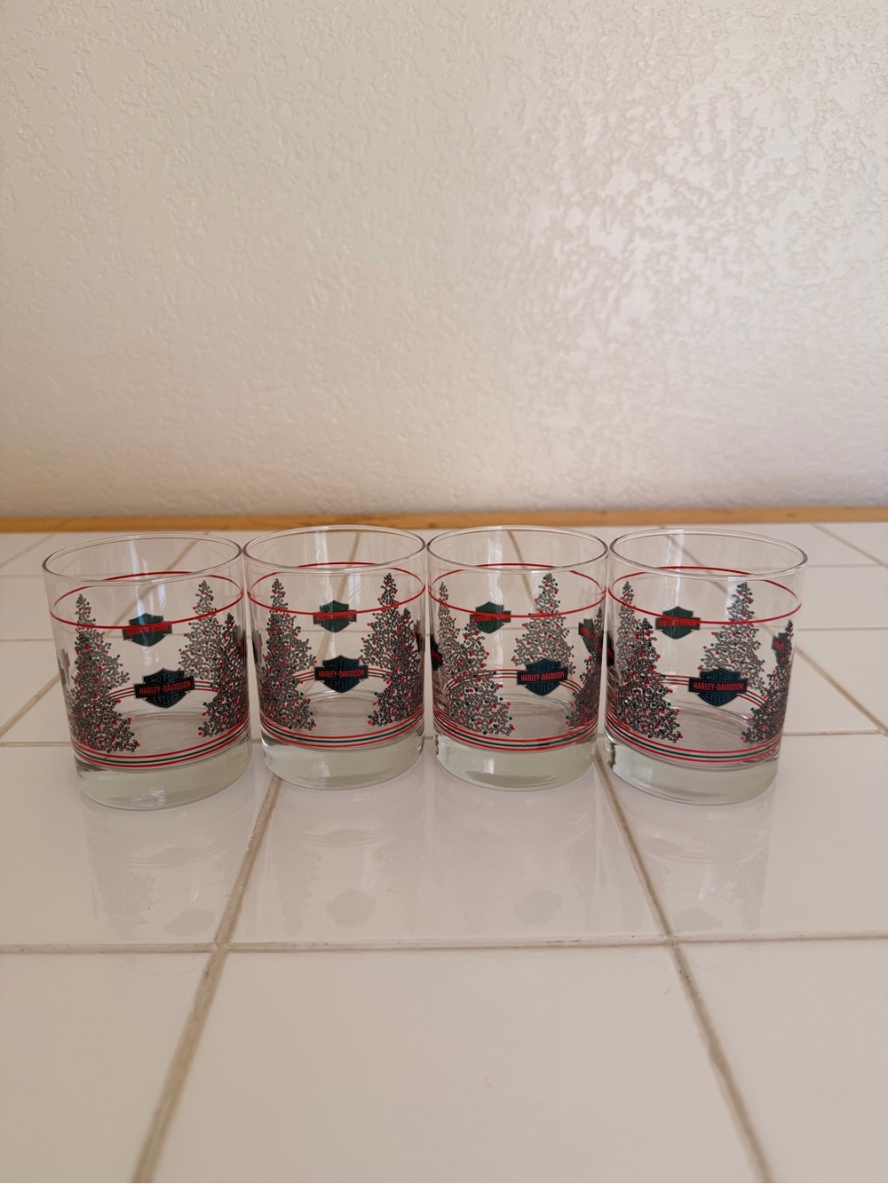 Vintage Harley Davidson Set of 4 Holiday Tree Whiskey Glasses Christmas EC